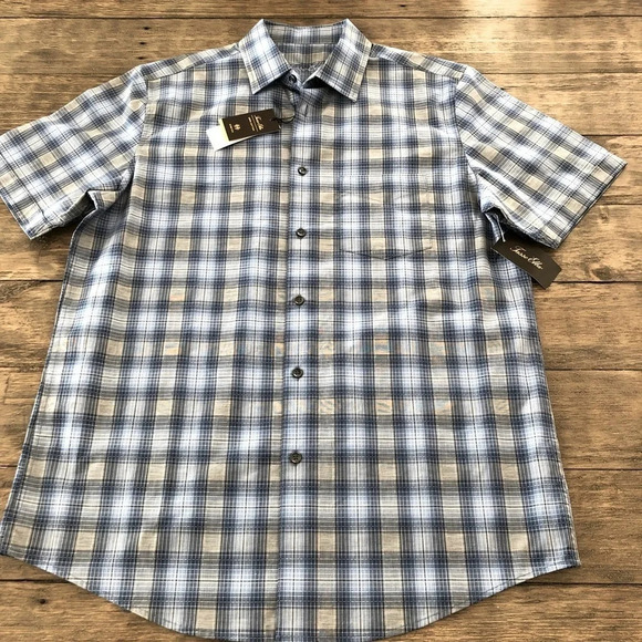NWT Tasso Elba Mens Medium 100% Cotton Stretch Plaid Button Up Shirt Blue New